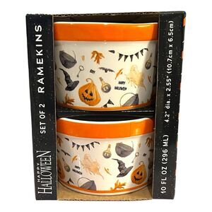 Whimsical Halloween Ramekins (2) Decorated W Bats Ghosts JackOLanterns Witch Hat